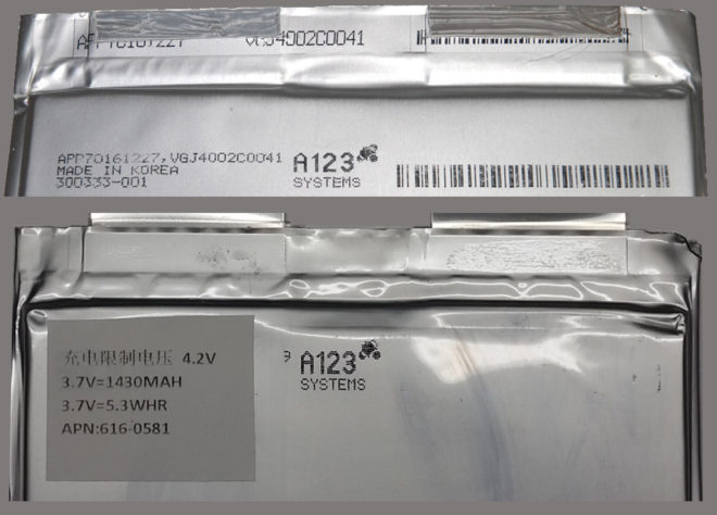Labeled A123 Systems lithium pouch battery cells